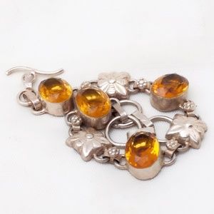 Vintage Floral Citrine Sterling Silver Toggle Bracelet
